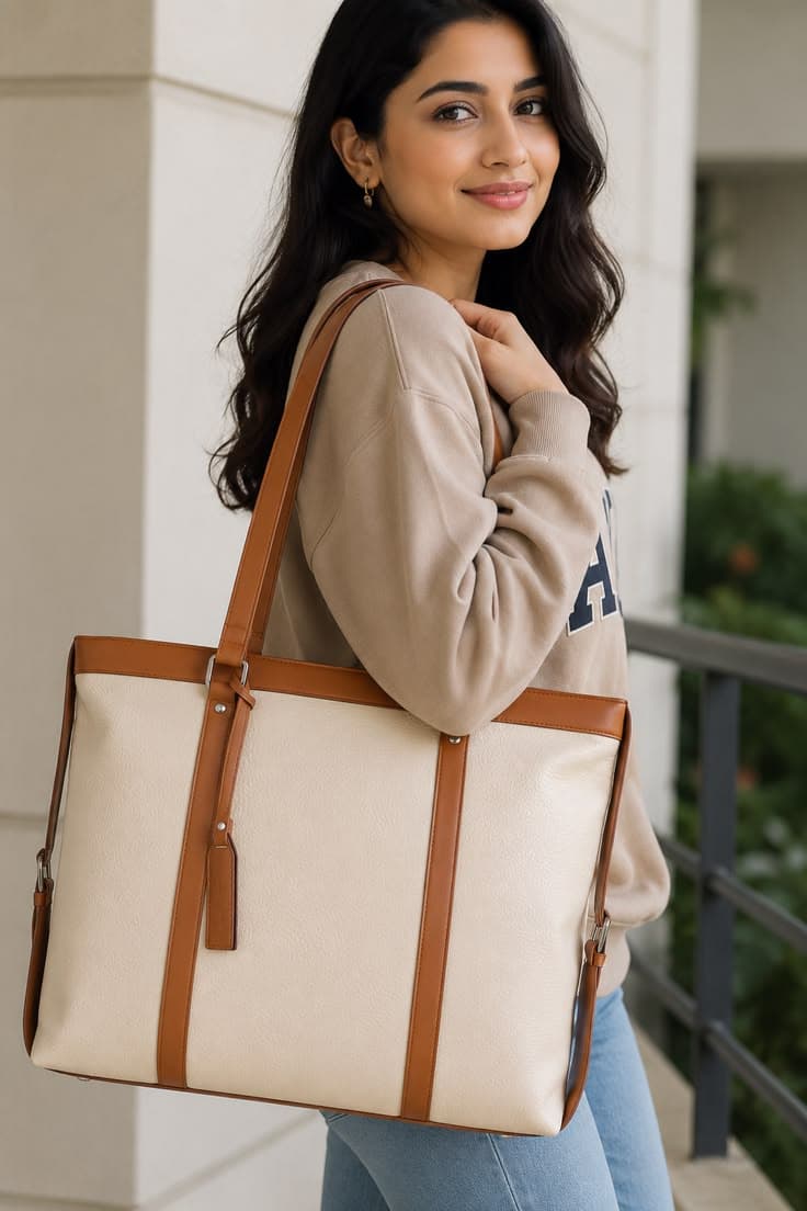 Classic beige and tan structured tote bag